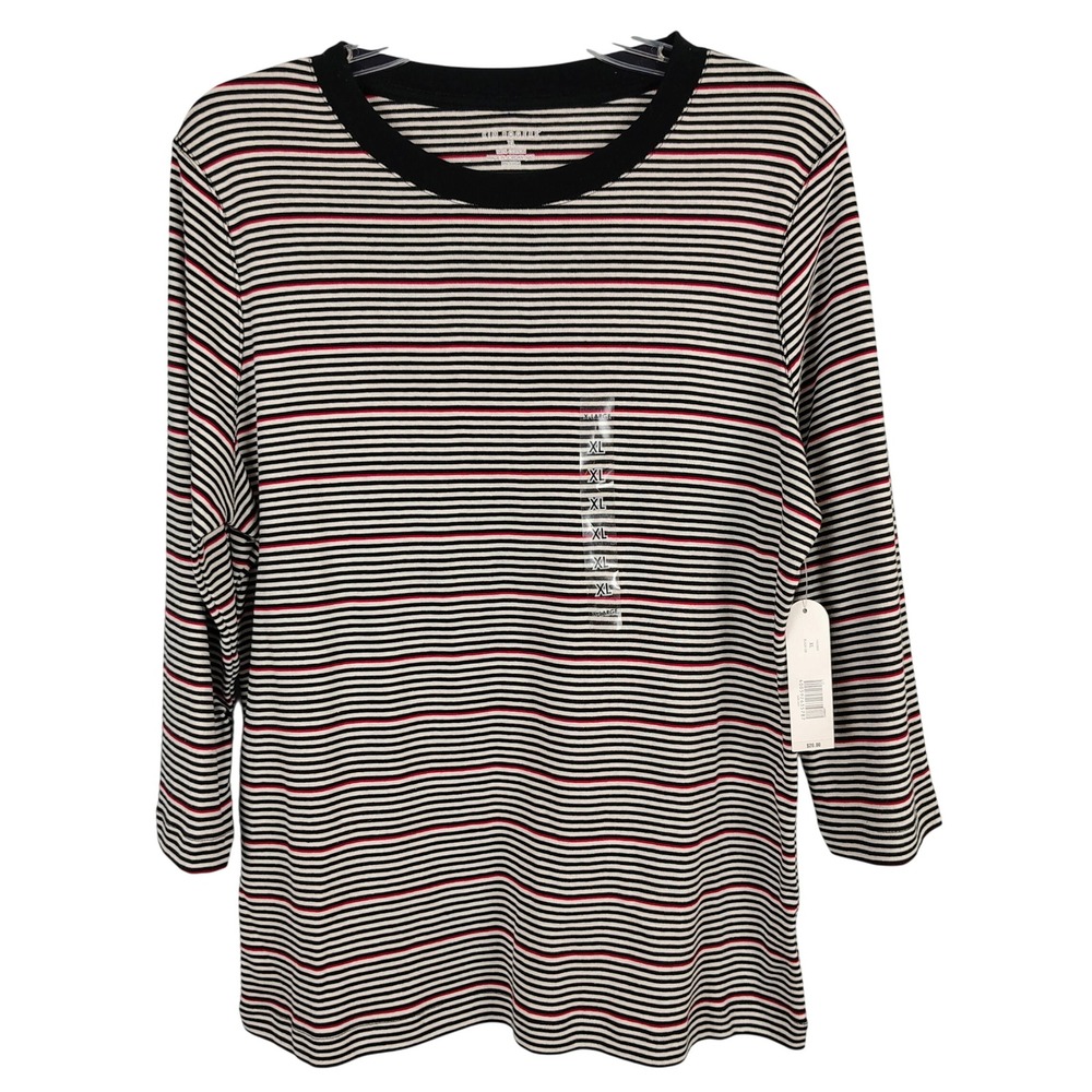 NWT Kim Rogers Womens XL Striped 3/4 Sleeve Tee Black Red White Cotton Preppy